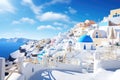 A Breathtaking Scenic View of a Picturesque Blue and White Village on a Sunny Day, White architecture of Oia village on Santorini