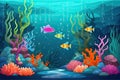 Breathtaking seascape with cute cartoon illustrations of aquatic fish surrounded by seaweed and beautiful underwater plants