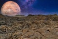 Breathtaking shot of an alien planet rocky surface on a starry sky and a big planet background