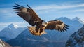 A breathtaking shot of a golden eagle soaring high above snow-capped peaks, its wings outstretched in majestic flight. Generative