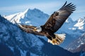 A breathtaking shot of a golden eagle soaring high above snow-capped peaks, its wings outstretched in majestic flight. Generative