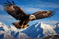 A breathtaking shot of a golden eagle soaring high above snow-capped peaks, its wings outstretched in majestic flight. Generative