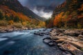 Breathtaking shot of a river in the forest with colorful trees under the cloudy sky in autumn