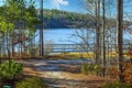 A breathtaking shot of a vast blue lake water and a wooden dock on the lake with lush green and autumn colored trees