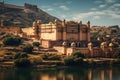 A breathtaking sight of a grand castle perched atop a hill, commanding a stunning view of the nearby lake, View of Amber Fort in