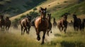 A herd of wild horses running through a green field created with Generative AI