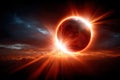 Stunning solar eclipse observed over a dramatic landscape with vibrant colors at sunset Royalty Free Stock Photo