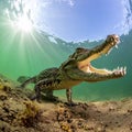 Underwater Crocodile with Jaws Open in Sunlight Royalty Free Stock Photo