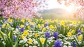 Vibrant Spring Meadow with Cherry Blossoms and Sunlit Flowers Royalty Free Stock Photo