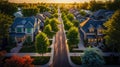 Breathtaking Street Vew of a Small Town at Sunrise or Sunset. Clean Street With Neat Houses and Trees. Generative AI