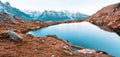 Breathtaking summer panorama of Lac Blanc lake with Mont Blanc Monte Bianco on background, Chamonix location. Beautiful outdoor Royalty Free Stock Photo