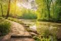 Serene Park Lake and Stone Path - A Vibrant Summer-Spring Landscape Royalty Free Stock Photo