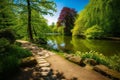 Serene Park Lake and Stone Path - A Vibrant Summer-Spring Landscape Royalty Free Stock Photo