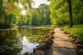 Serene Park Lake and Stone Path - A Vibrant Summer-Spring Landscape Royalty Free Stock Photo