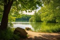 Serene Park Lake and Stone Path - A Vibrant Summer-Spring Landscape Royalty Free Stock Photo