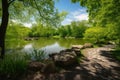 Serene Park Lake and Stone Path - A Vibrant Summer-Spring Landscape Royalty Free Stock Photo