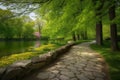 Serene Park Lake and Stone Path - A Vibrant Summer-Spring Landscape Royalty Free Stock Photo