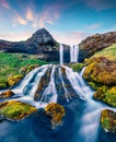 Breathtaking summer sunrise on Sheep`s Waterfall. Stunning morning scene of Iceland, Europe.