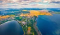 Breathtaking summer view from flying drone of Svityaz Lake. Royalty Free Stock Photo