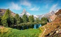 Breathtaking summer view of Grindjisee lake with Matterhorn Monte Cervino, Mont Cervin peak on background, Swiss Alps, Zermatt l