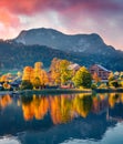 Breathtaking sunrise on Altausseer lake, Austrian Alps