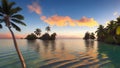 A Breathtaking Sunrise Over a Calm Body of Water Encircled by Palm Trees and Islands.