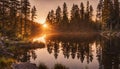 A breathtaking sunrise over a calm, mirror-like lake in the
