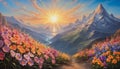 Breathtaking sunrise or sunset landscape with flowers, mountains and river Royalty Free Stock Photo