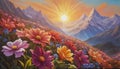 Breathtaking sunrise or sunset landscape with flowers, mountains and river Royalty Free Stock Photo