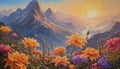 Breathtaking sunrise or sunset landscape with flowers, mountains and river Royalty Free Stock Photo