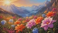 Breathtaking sunrise or sunset landscape with flowers, mountains and river Royalty Free Stock Photo