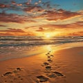 Breathtaking Sunset at the Beach with Unique Shoe Imprints Royalty Free Stock Photo