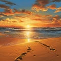 Breathtaking Sunset at the Beach with Unique Shoe Imprints Royalty Free Stock Photo