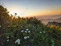 Breathtaking sunset in the mountains. View of the Bockmattli Innerthal and Lake Zurich. Hiking in Switzerland. Glarus