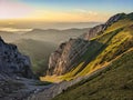 Breathtaking sunset in the mountains. View of the Bockmattli Innerthal and Lake Zurich. Hiking in Switzerland. Glarus