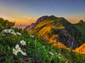 Breathtaking sunset in the mountains. View of the Bockmattli Innerthal and Lake Zurich. Hiking in Switzerland. Glarus