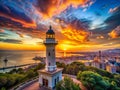 Breathtaking Sunset Over Barcelonas Montjuc Lighthouse Panoramic Coastal View