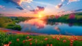 Breathtaking Sunset over a Blossoming Riverbank. Generative ai