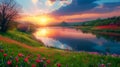 Breathtaking Sunset over a Blossoming Riverbank. Generative ai