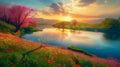 Breathtaking Sunset over a Blossoming Riverbank. Generative ai