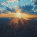 Breathtaking sunset over bustling city skyline, with rays of sunlight piercing through clouds, casting dramatic shadows on Royalty Free Stock Photo