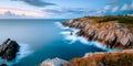 Breathtaking Sunset Over Dramatic Coastline with Rugged Cliffs and Eroded Headlands by the Ocean Royalty Free Stock Photo