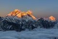 Breathtaking sunset over Everest summit, view.