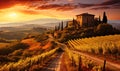 Breathtaking Sunset Over Lush Tuscan Vineyards with Rolling Hills, Historic Italian Architecture and Vibrant Autumn Foliage Royalty Free Stock Photo