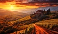 Breathtaking Sunset Over Lush Tuscan Vineyards with Rolling Hills Historic Italian Architecture and Vibrant Autumn Foliage Royalty Free Stock Photo