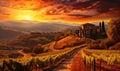 Breathtaking Sunset Over Lush Tuscan Vineyards with Rolling Hills Historic Italian Architecture and Vibrant Autumn Foliage Royalty Free Stock Photo