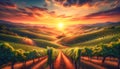 A breathtaking sunset over rolling vineyards, casting a golden glow on the grapevines Royalty Free Stock Photo