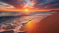 A breathtaking sunset over a serene beach, with the sky ablaze in warm hues and gentle waves washing ashore