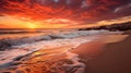 A breathtaking sunset over a serene beach, with the sky ablaze in warm hues and gentle waves washing ashore