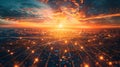 Golden Hour Connection: Digital Network Over Cityscape at Sunset Royalty Free Stock Photo